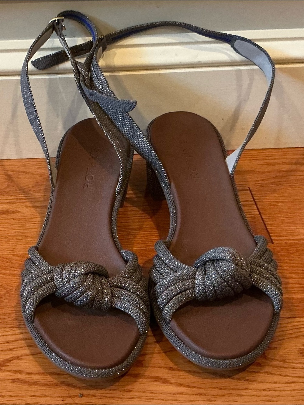 Rothys Knot-Front Metallic Gray Ankle-Strap Sandals
